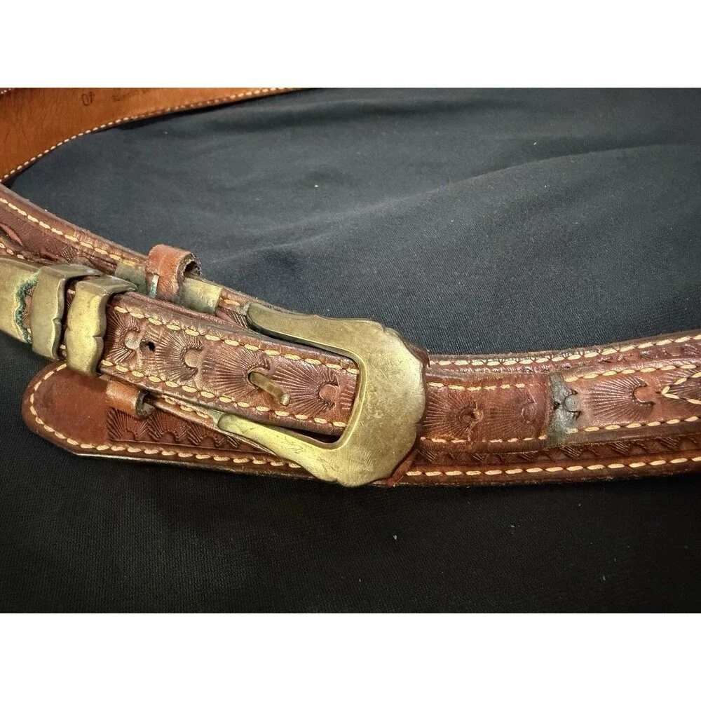 Vintage Tex Tan Leather Western Belt Size 40 USA Tooled Brown Brass Cowboy